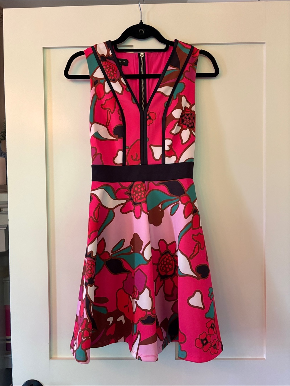 Ted Baker Pink Floral Fit-and-Flare Dress with Teal Accents